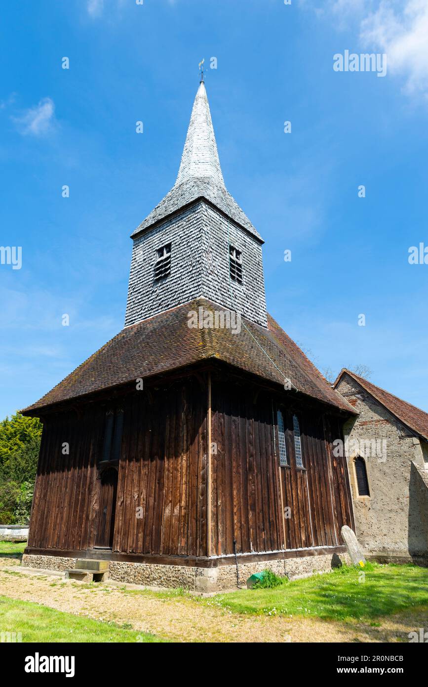 St. Margaret's church, Church Lane, Margaretting, Essex, UK. C15 Timber-framed, weatherboarded and shingled west tower with a broach spire Stock Photo