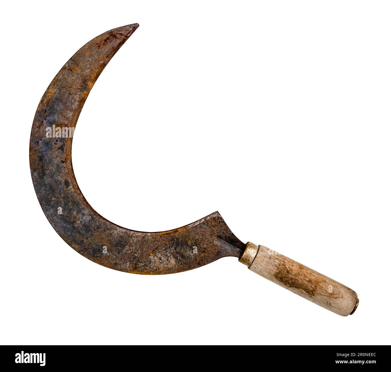 vintage sickle with wooden handle cut out on white background Stock