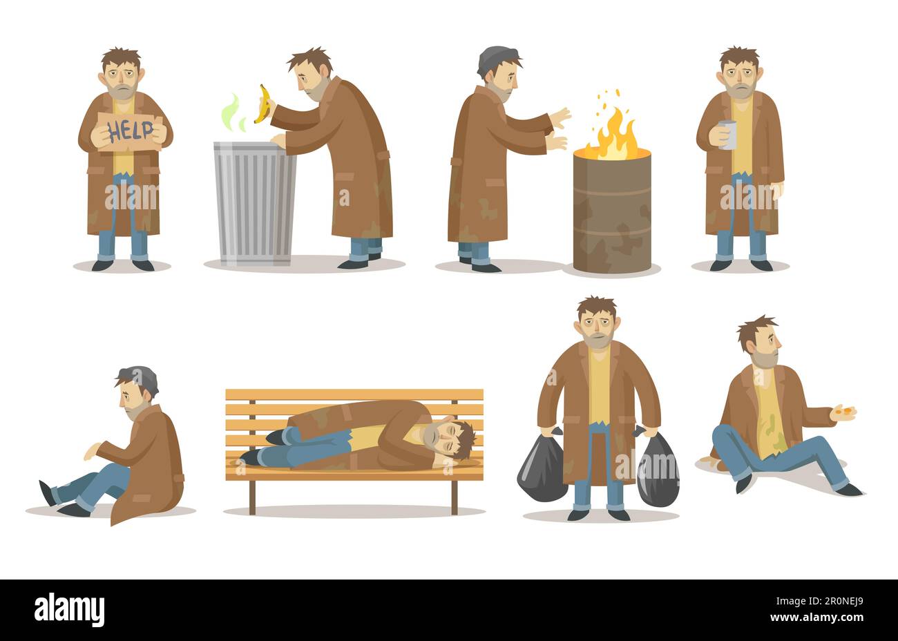 Homeless man in various poses collection Stock Vector