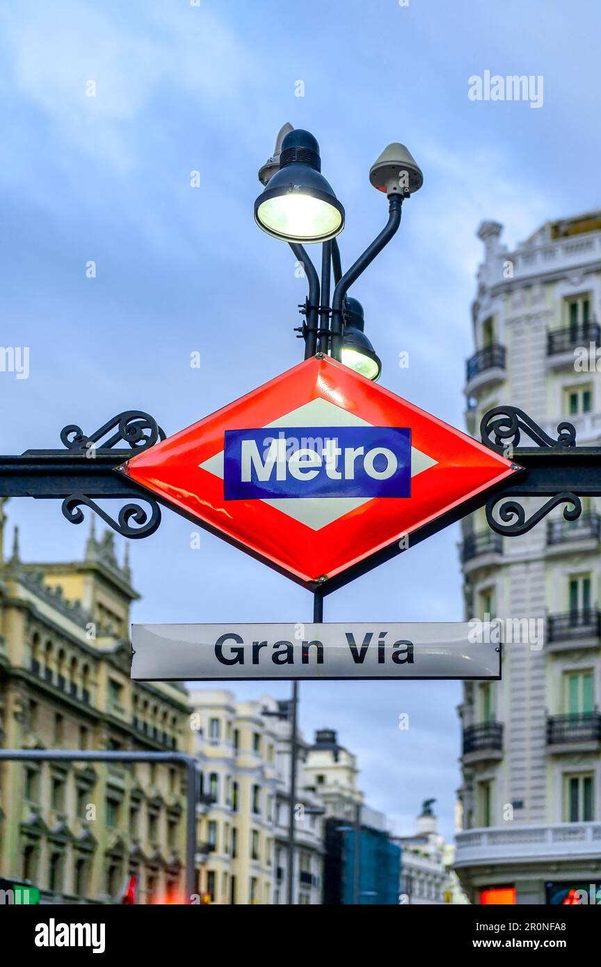 Madrid, Spain - April 26, 2023: Sign of the Gran Via subway station ...