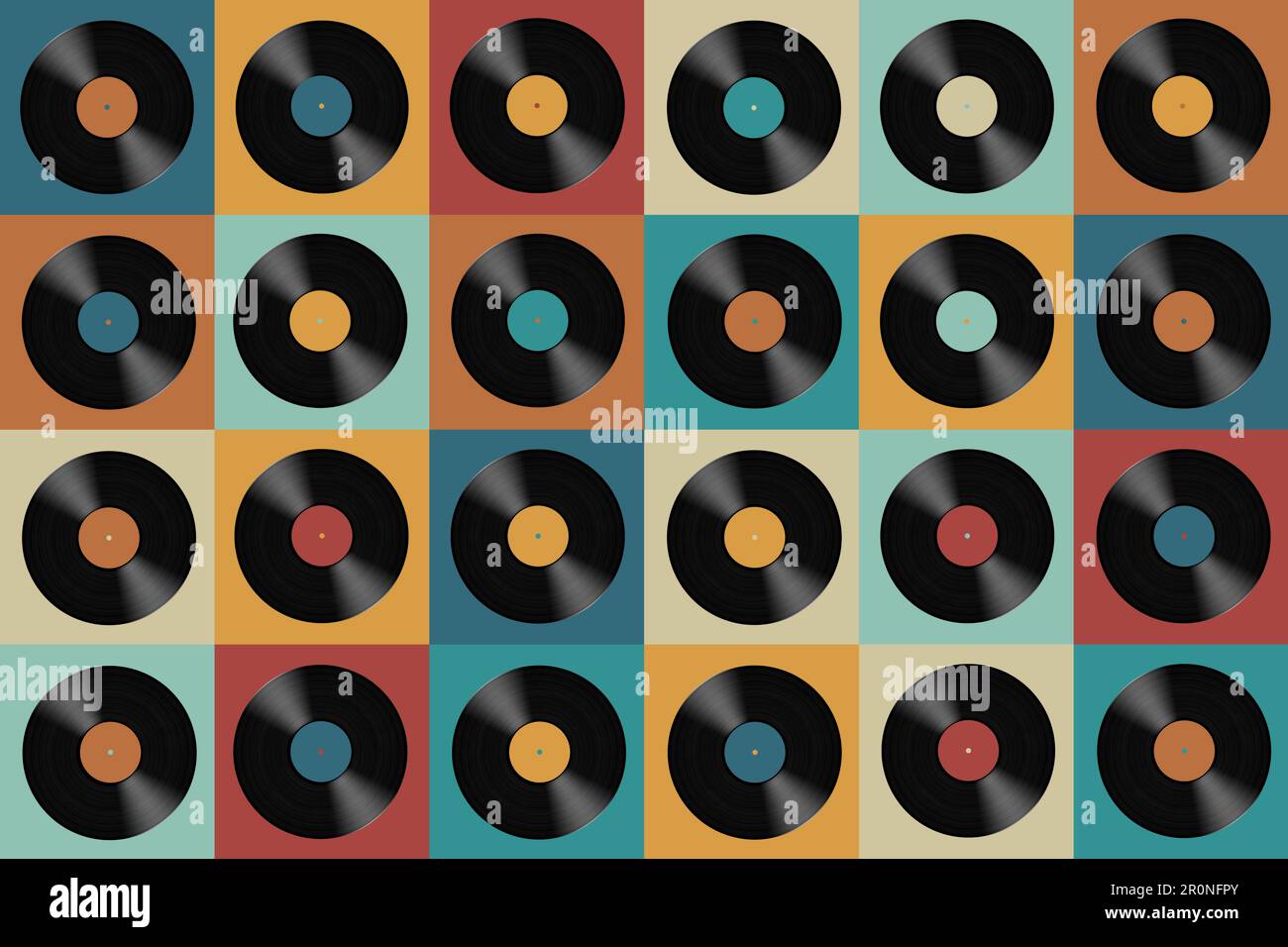 Retro Vintage Vinyl Records with color labels on Colorful Squares Stock