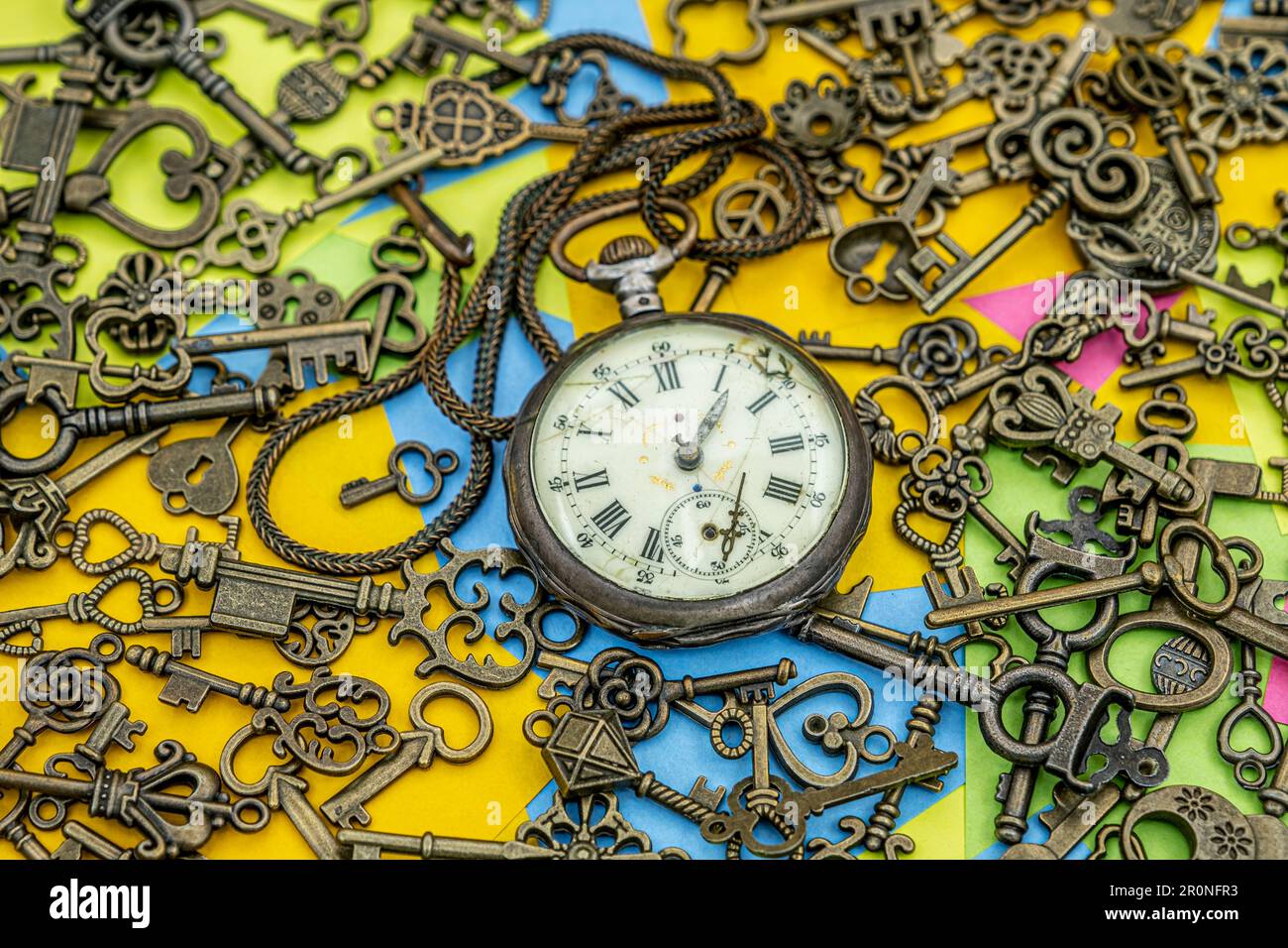The concept of symbolism. Antique rotten pocket watch with Bronze