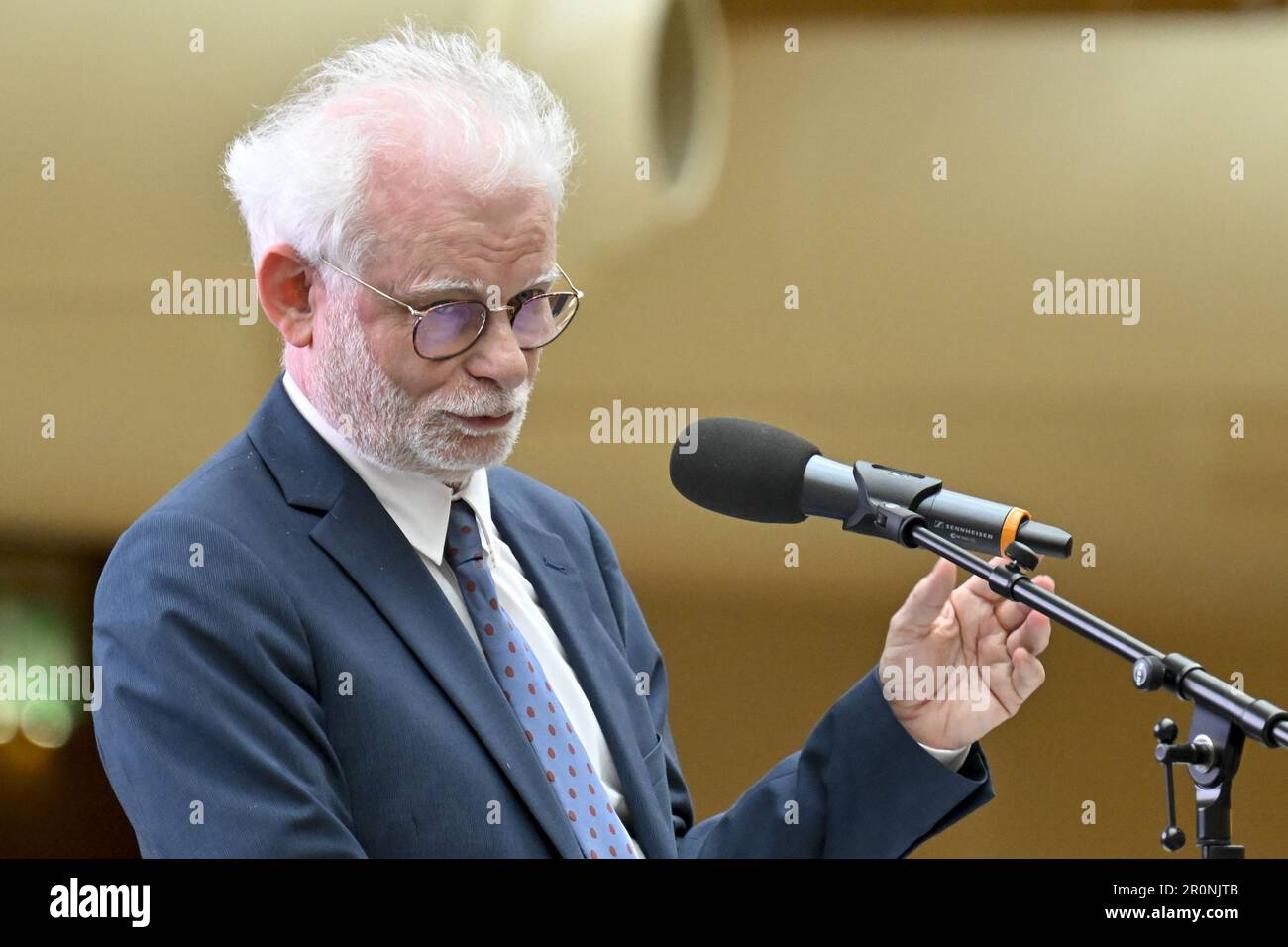 Historian Emmanuel Gerard pictured during the presentation of the Canon  van Vlaanderen (Flemish Canon), Tuesday 09 May 2023, in Genk. The Canon  van Vlaanderen presents persons, places, inventions, texts, events and  developments