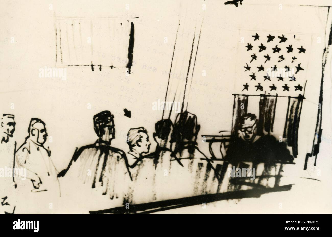American artist sketch made inside Criminal Court as Richard Speck (arrow) was brought before court on charges of murdering eight Chicago nurses, USA 1966 Stock Photo