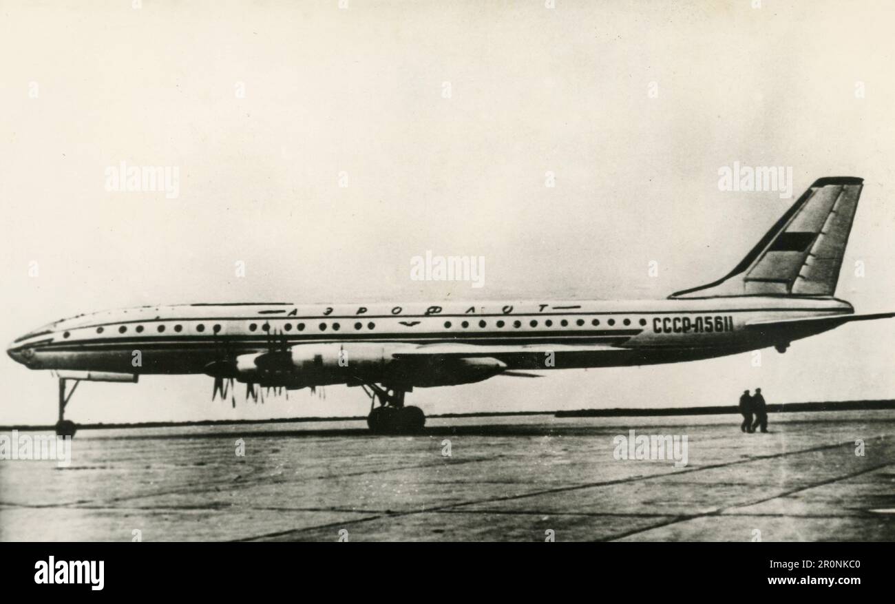 Russian turbo-propelled aircraft Tupolev TU-114 on the runaway, 1965 Stock Photo