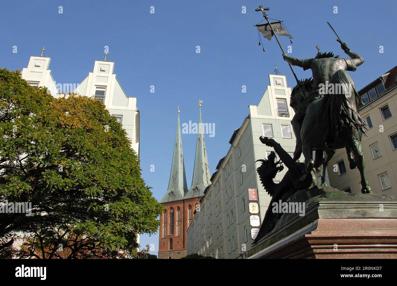 Berlin, Germany: Statue of Saint George slaying a dragon in the Nikolai Quarter, the old part of the city. Stock Photo