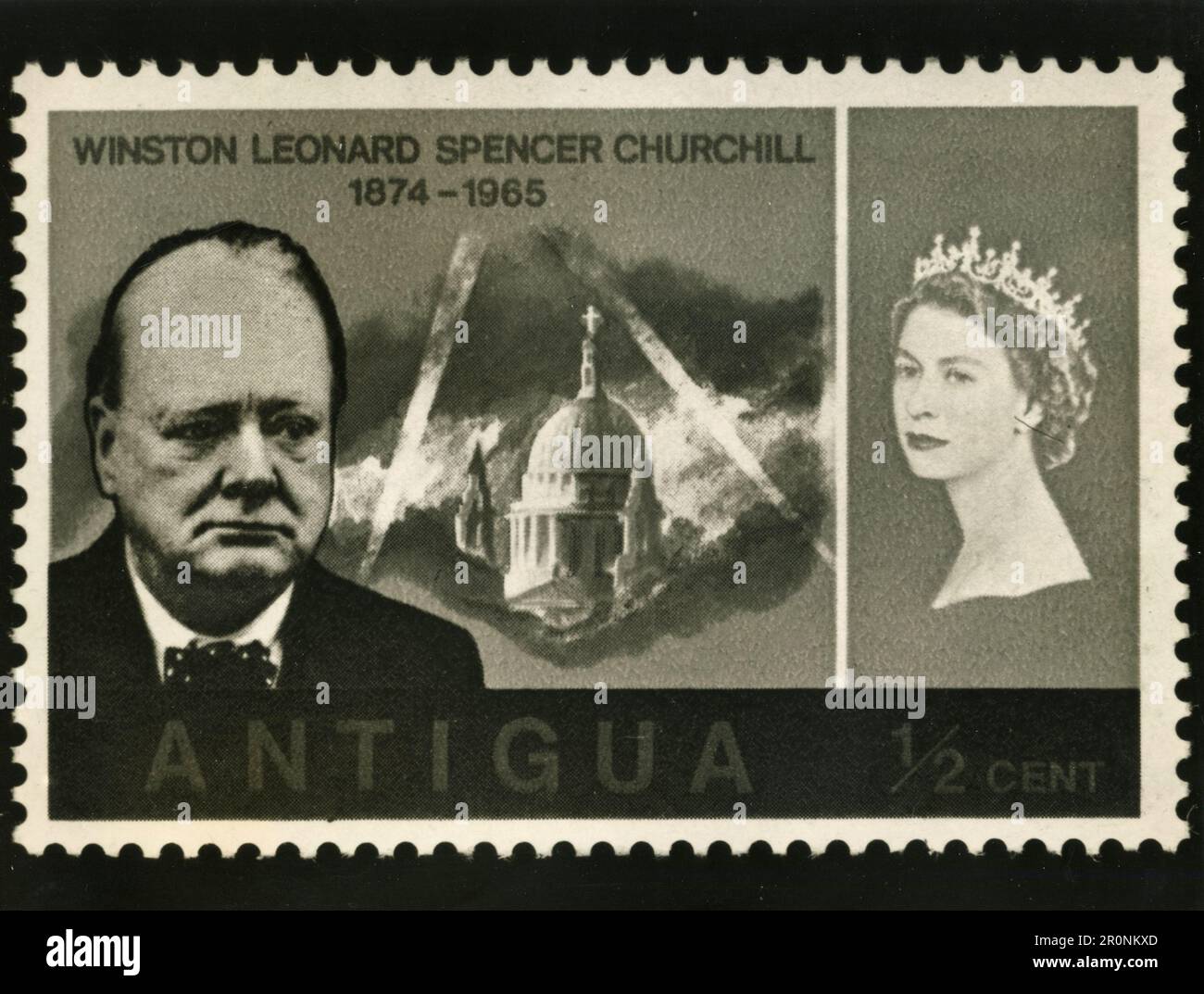 Stamp commemorating the death of Sir Winston Churchill issued in Antigua, West Indies 1966 Stock Photo