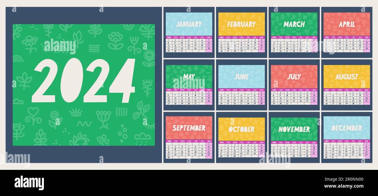 Calendar for 2024. The week starts on Monday. Cover of each month with