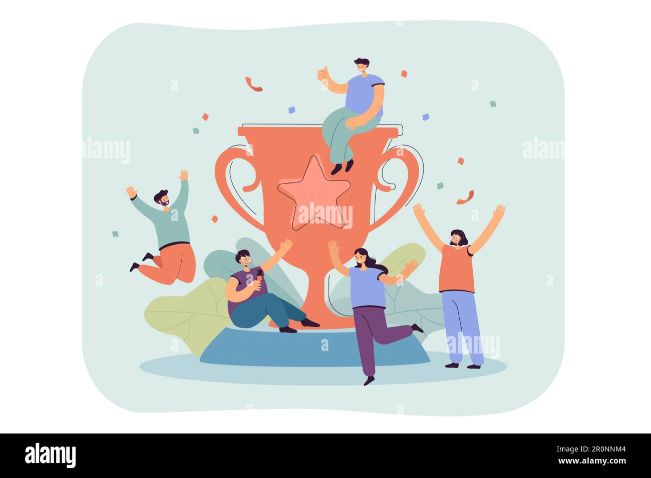 Tiny happy winners near big golden cup Stock Vector