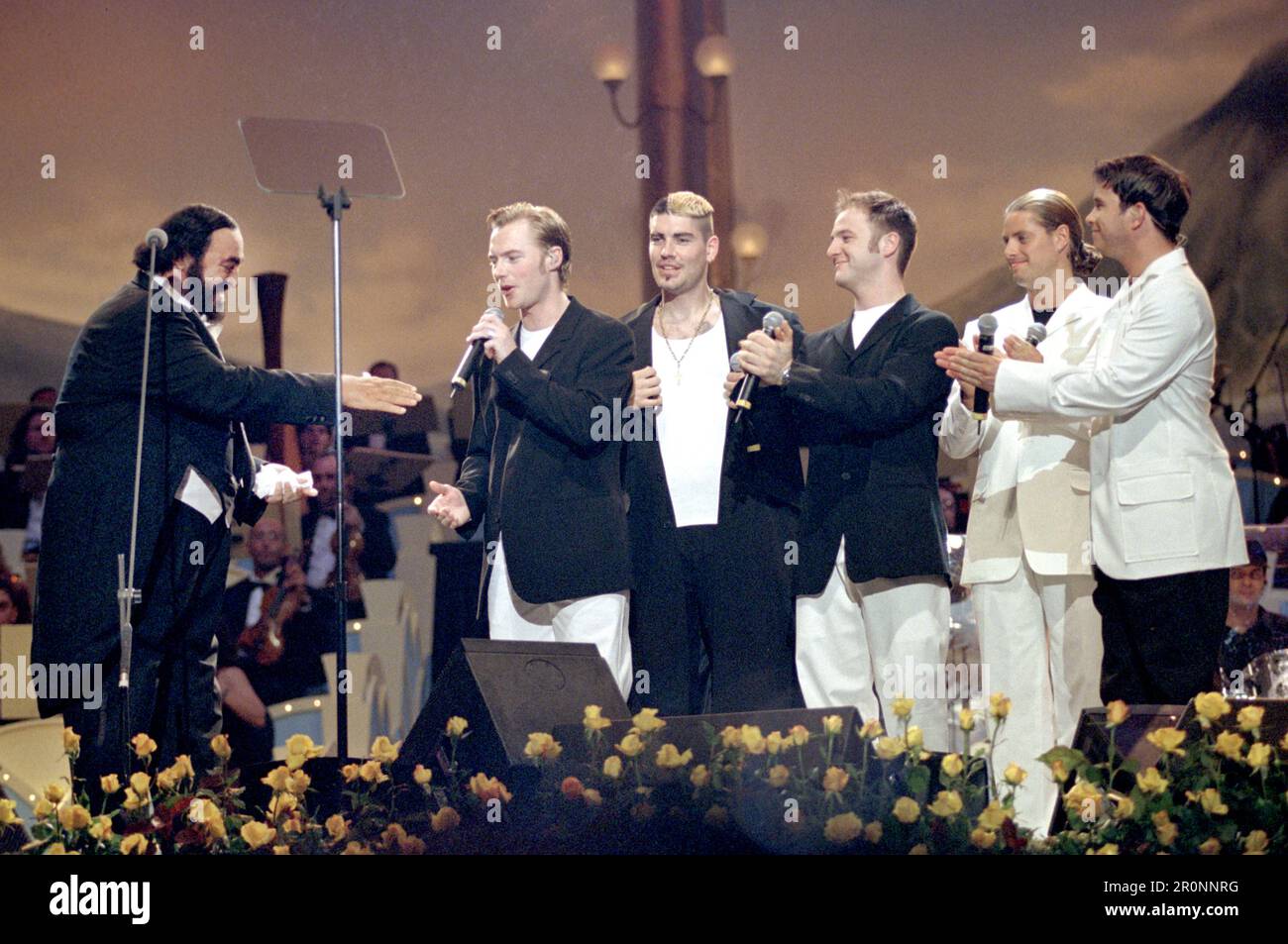 Modena  Italy 1999-06-01: Luciano Pavarotti and Boyzone in concert at the Charity event 'Pavarotti & Friends 99' in concert for Guatemala at Novi Sad Park Stock Photo