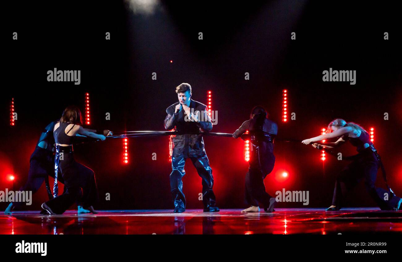 Liverpool, UK. May 8, 2023. Remo Forrer rehearsing for Switzerland with