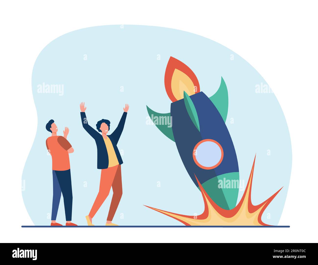 Anxious guys watching as rocket falling down Stock Vector