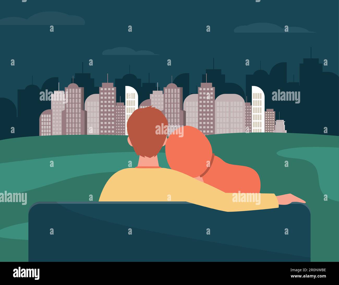 Back view of couple looking at night cityscape Stock Vector