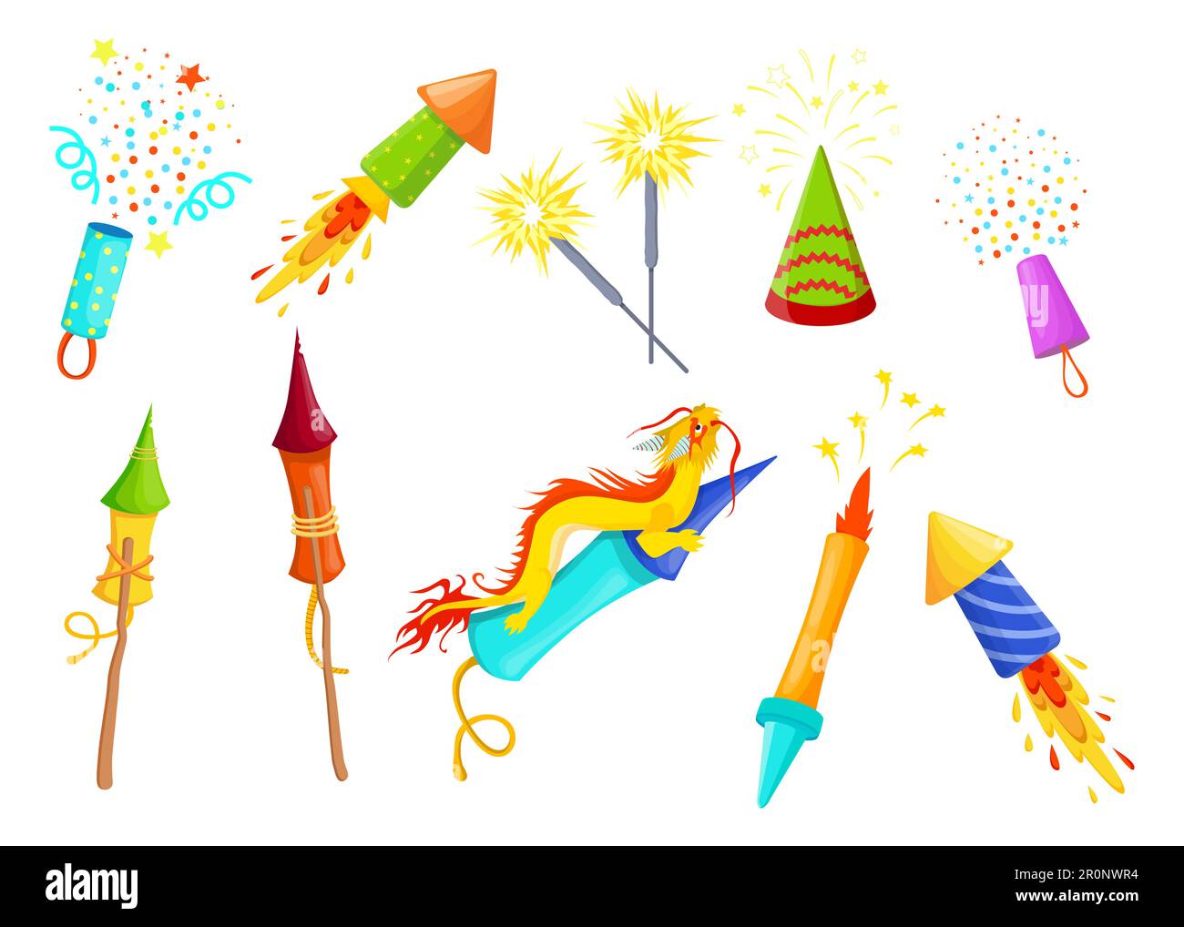 Various colorful firecrackers flat item set for web design Stock Vector