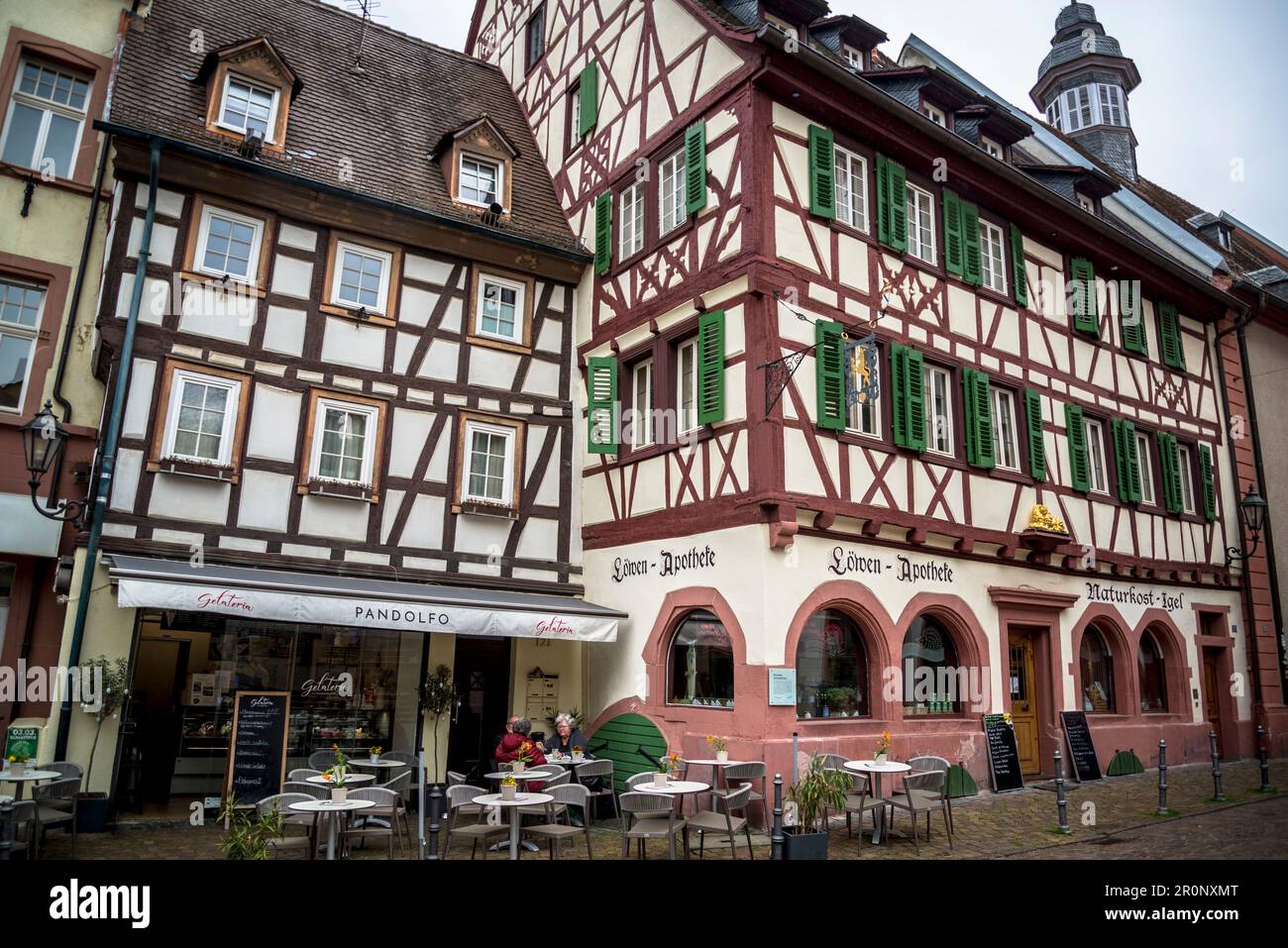 The Market Square with restaurants and old traditional medieval architecture with exposed beams, Weinheim, Baden-Württemberg, Germany Stock Photo