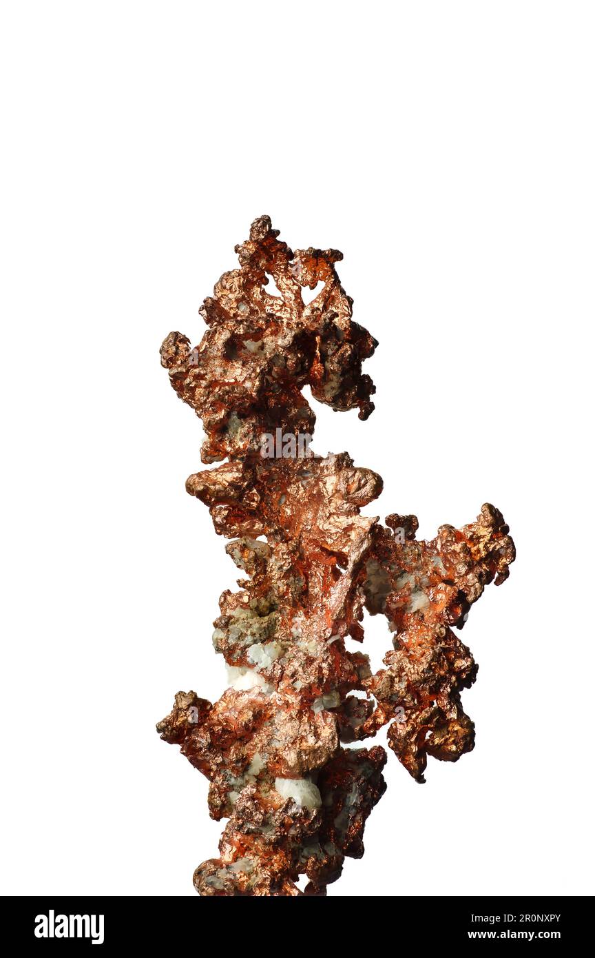 native copper (Cu) isolated on white background. macro detail texture background. close-up raw rough unpolished semi-precious gemstone Stock Photo