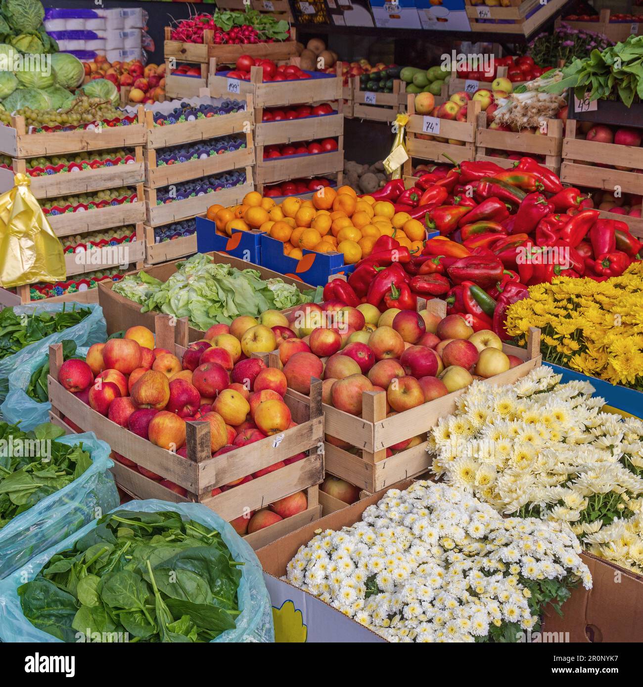 Fruits and Vegetables in Crates Fresh Flowers at Farmers Market Stall ...