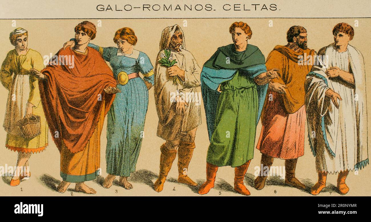 Ancient history. Roman period. Gallo-Romans. Romanized Celtic Gauls. Chromolithography. 'Historia Universal', by César Cantú. Volume II, 1881. Stock Photo