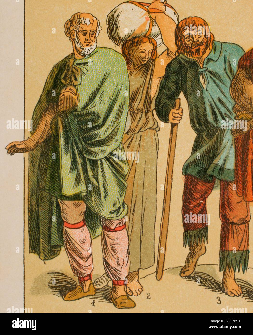 Germanic peoples. Goths. From left to right: 1- Eastern Goth costume, 2- Female Goth dress, 3- Eastern Goth costume. Chromolithography. 'Historia Universal', by César Cantú. Volume III, 1882. Stock Photo