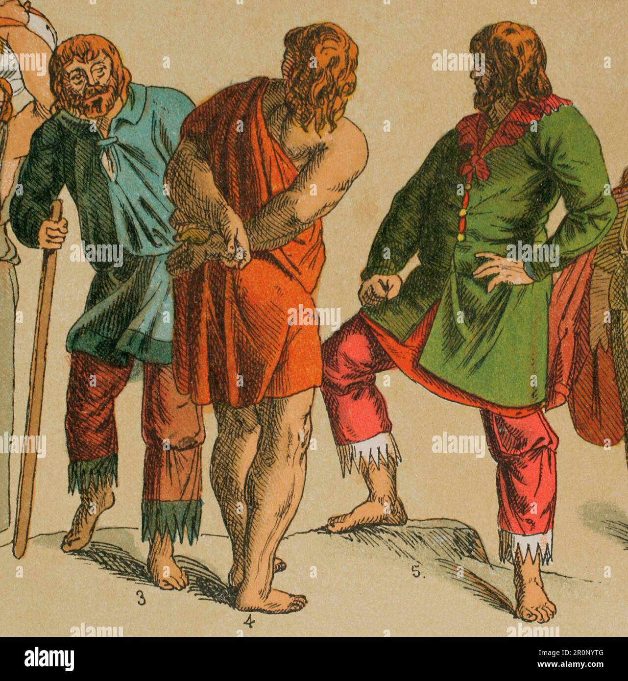 Germanic peoples. Goths. From left to right: 3- Eastern Goth costume, 4- Goth costume (chiton, poor people's clothing), 5- Eastern Goth costume, garnished pants. Chromolithography. 'Historia Universal', by César Cantú. Volume III, 1882. Stock Photo