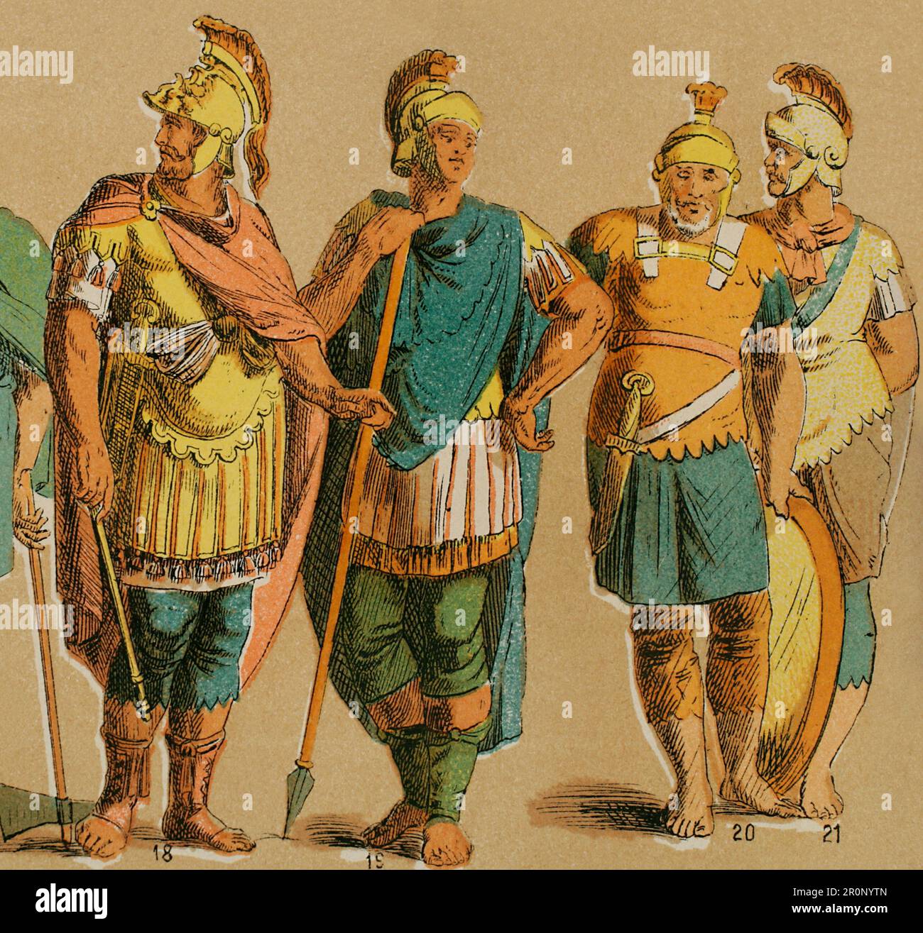 Eastern Roman Empire. Byzantines (400-600). From left to right: 18- general's clothing, 19, 20 and 21- warrior. Chromolithography. 'Historia Universal', by César Cantú. Volume III, 1882. Stock Photo