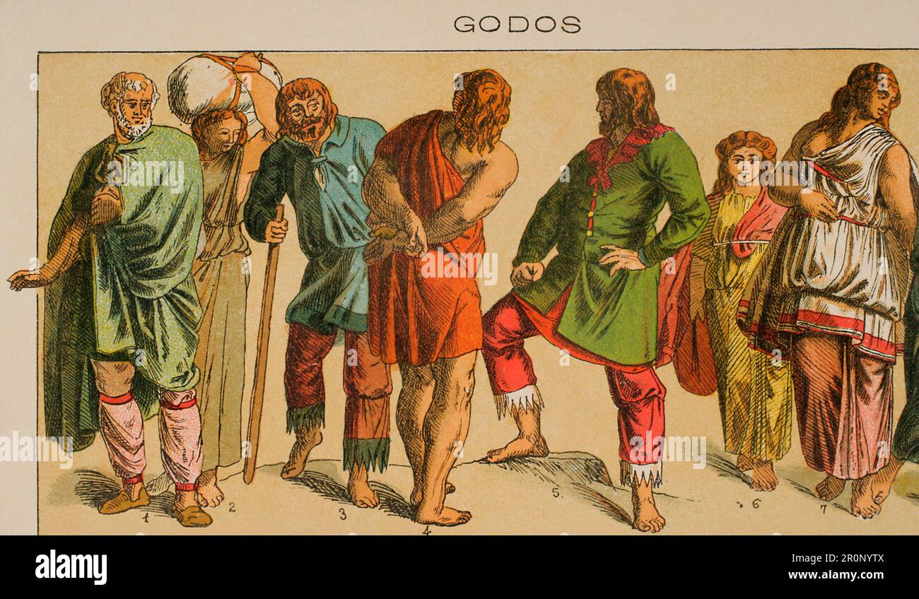 Germanic peoples. Goths. From left to right: 1- Eastern Goth costume, 2- Female Goth dress, 3- Eastern Goth costume, 4- Goth costume (chiton, poor people's clothing), 5- Eastern Goth costume, garnished pants, 6 and 7- Goth women's dresses (chiton). Chromolithography. 'Historia Universal', by César Cantú. Volume III, 1882. Stock Photo