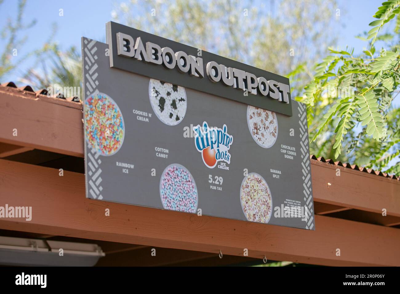 San Diego, California, United States - 09-23-2021: A view of a sign selling Dippin' Dots ice cream food products, seen at the San Diego Zoo. Stock Photo