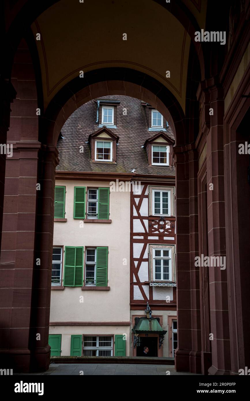 Architectural detail of the old traditional medieval architecture with exposed beams, Weinheim, Baden-Württemberg, Germany Stock Photo