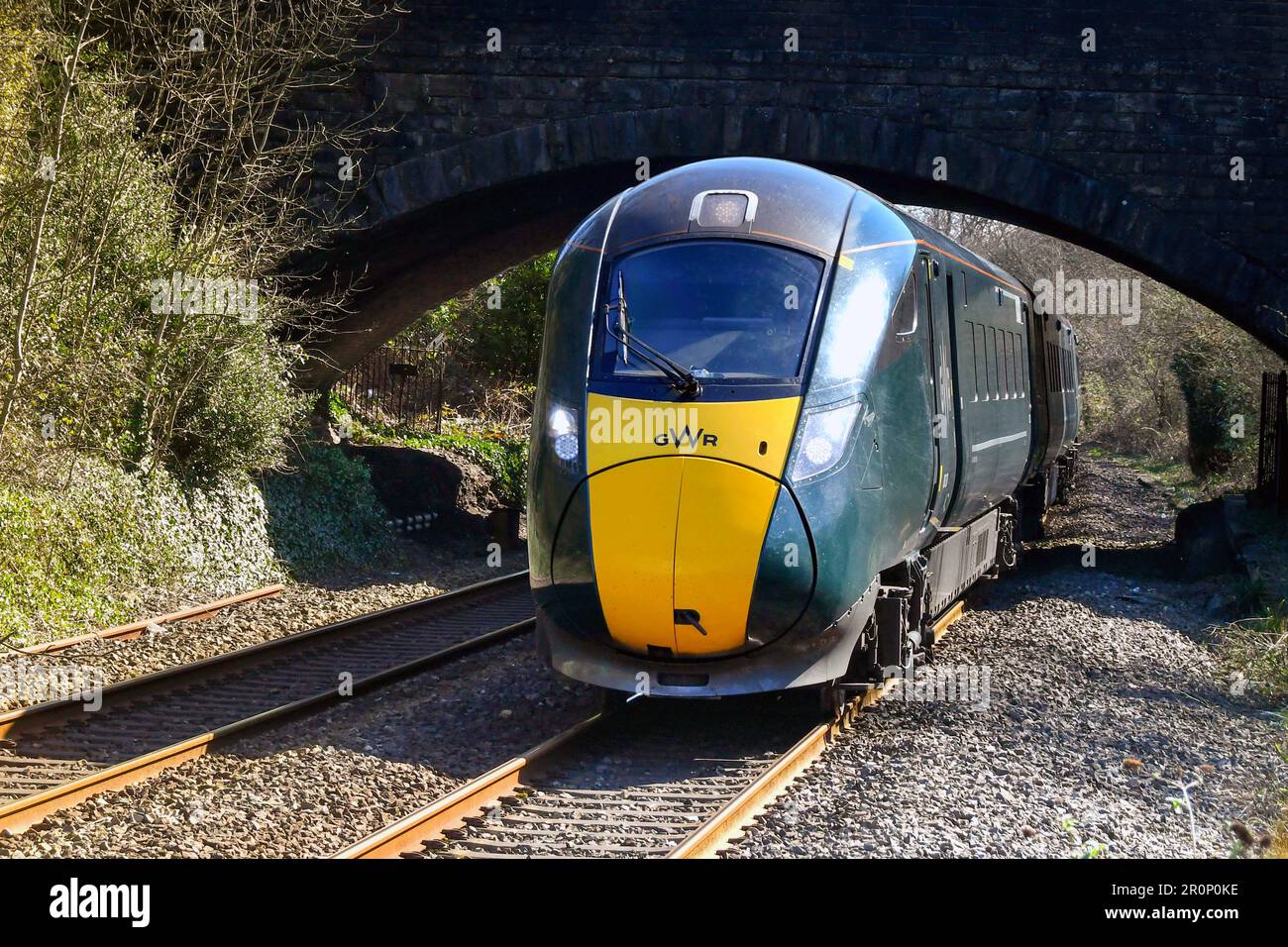 Pontyclun, Wales - March 2022:  Head on view of a high speed train operated by Great Western Railway Stock Photo