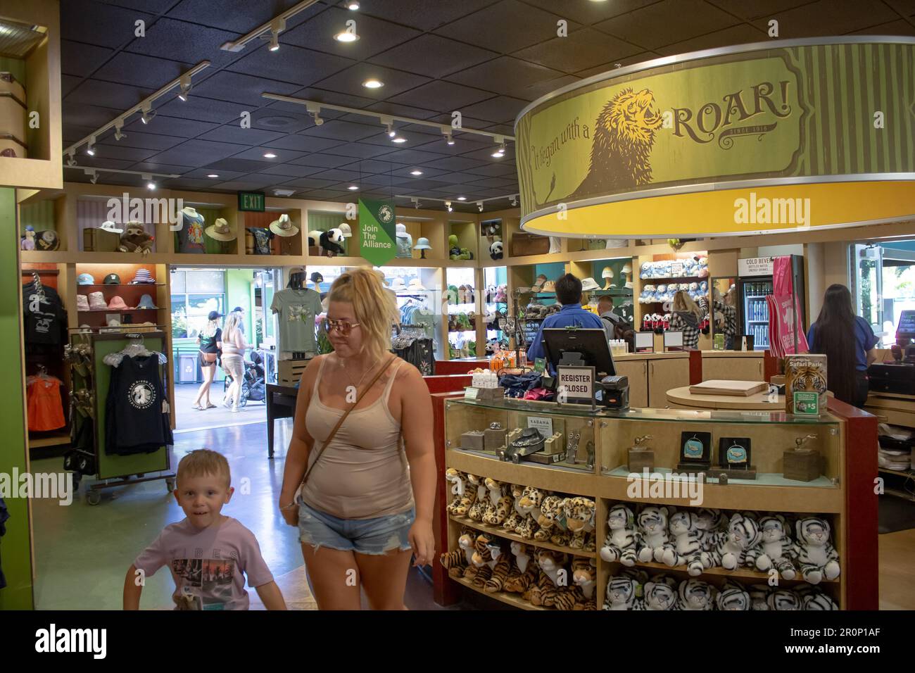San Diego, California, United States - 09-23-2021: A view of guests walking around a San Diego Zoo gift shop. Stock Photo