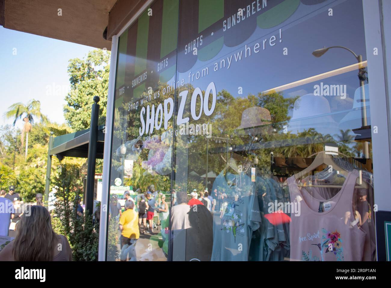 San Diego, California, United States - 09-23-2021: A view of a window layout outside a San Diego Zoo gift shop. Stock Photo