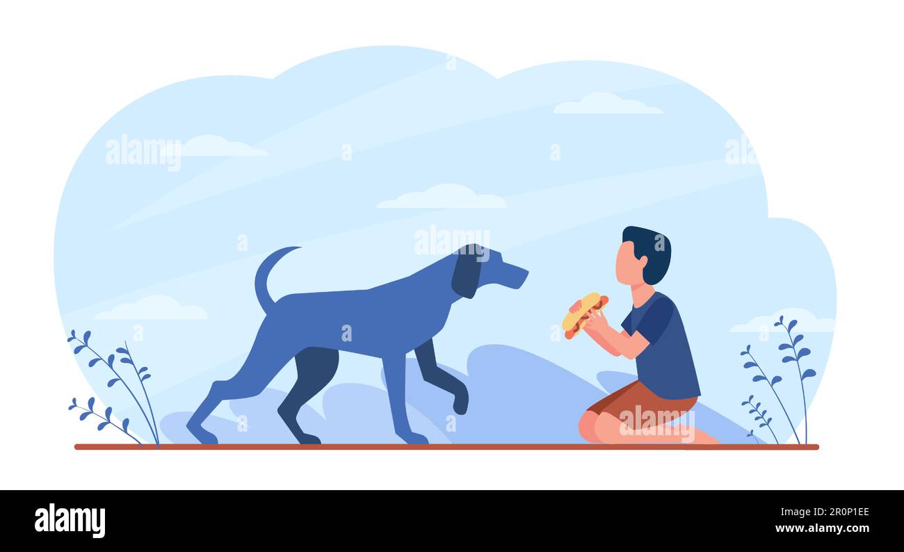 Hungry dog walking to boy with food Stock Vector