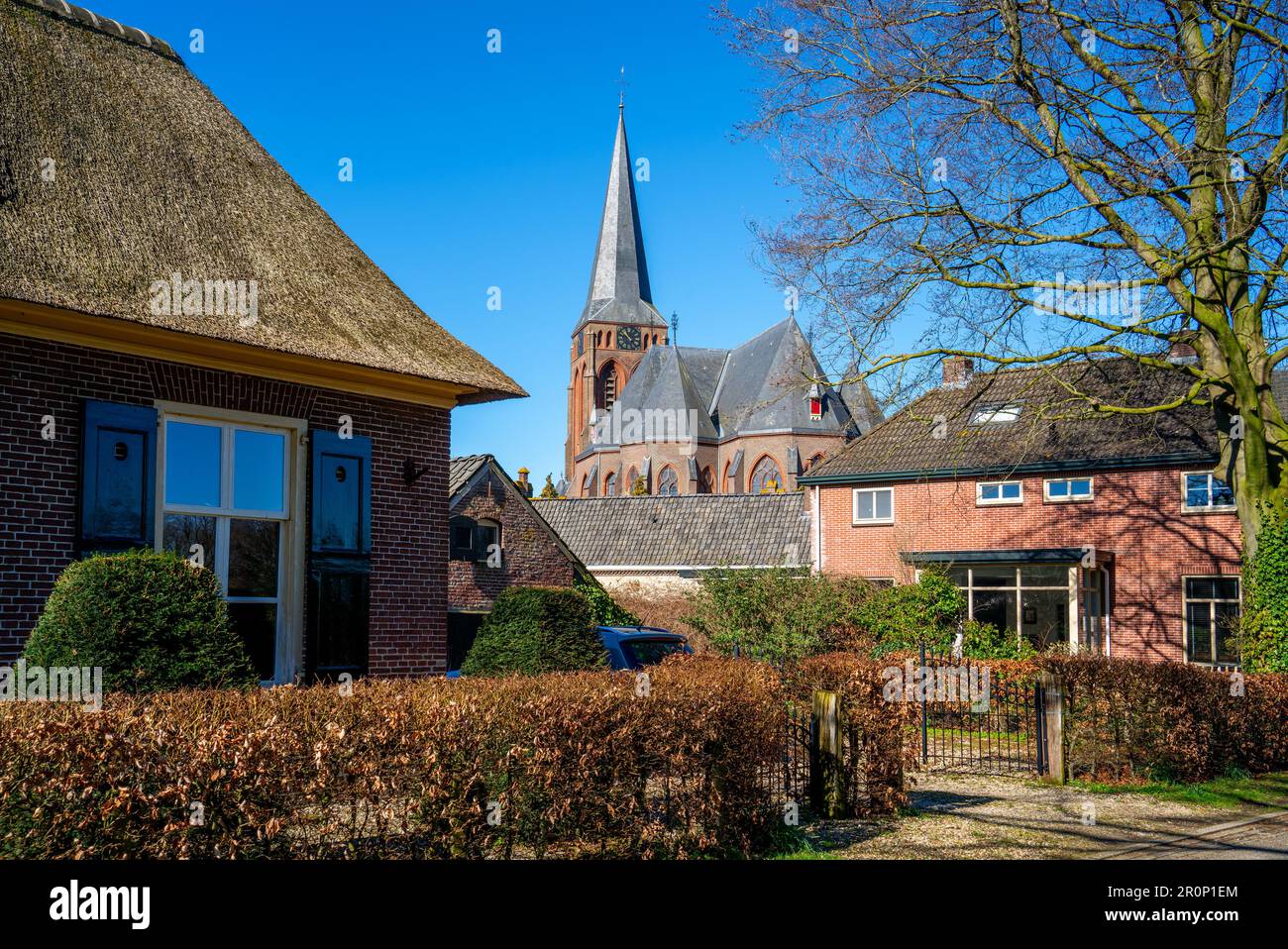Street scene with church in Baak, Netherlands Stock Photo