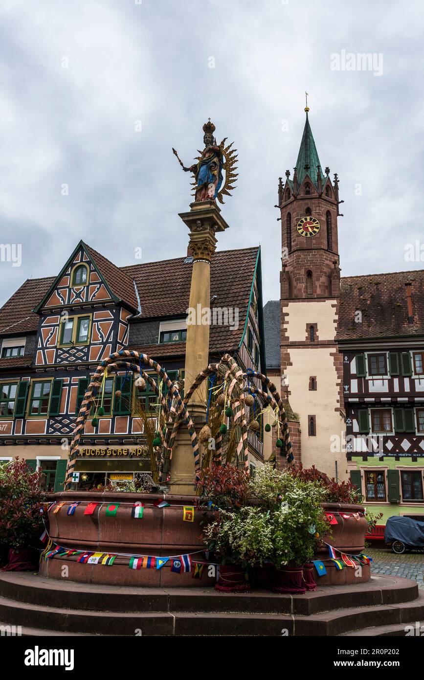 Water fountain with a saint and church clock tower, Ladenburg, Baden-Württemberg, Germany Stock Photo