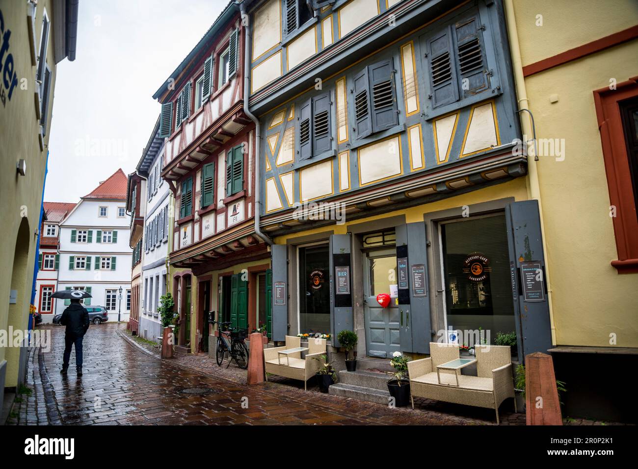 Street with the old traditional medieval architecture with exposed beams, Ladenburg, Baden-Württemberg, Germany Stock Photo