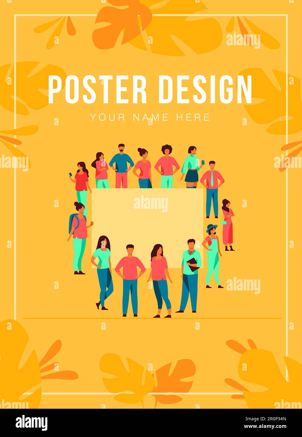 Crowd of diverse people standing together around empty banner Stock