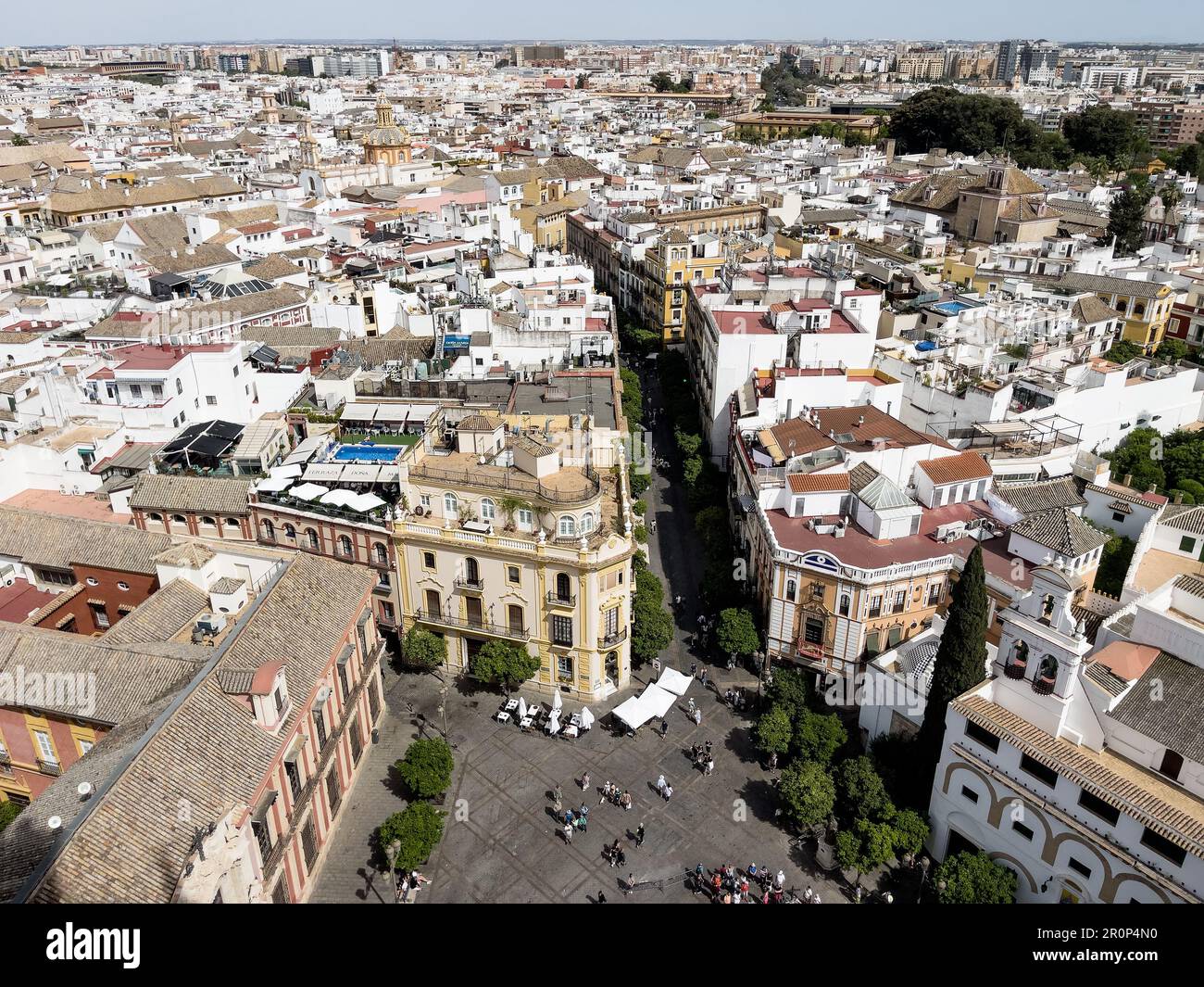 Aerial top view from La Giralda bell tower to the historic Seville city