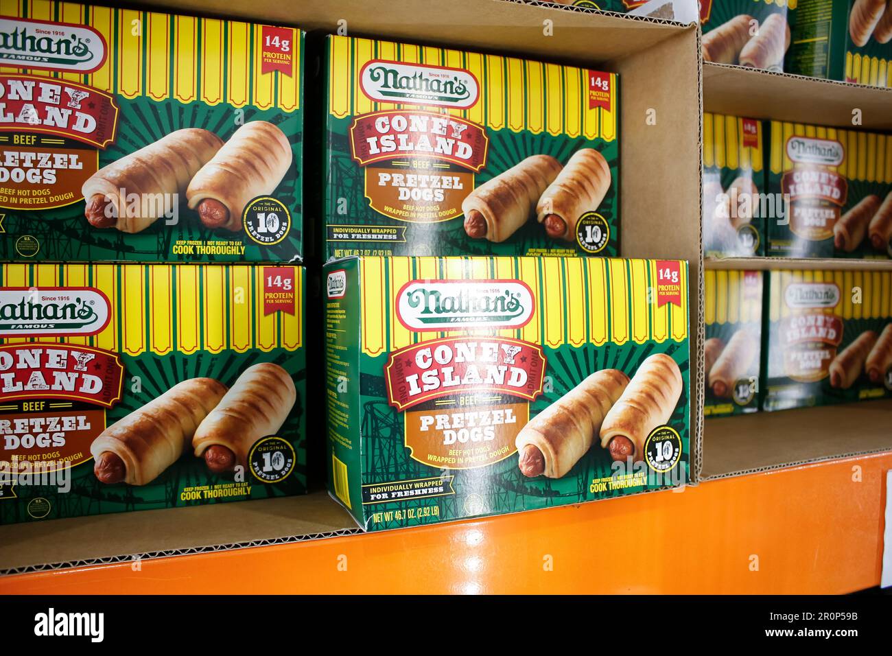Los Angeles, California, United States - 10-25-2021: A view of several packages of Nathan's Coney Island pretzel dogs, on display at a local big box g Stock Photo
