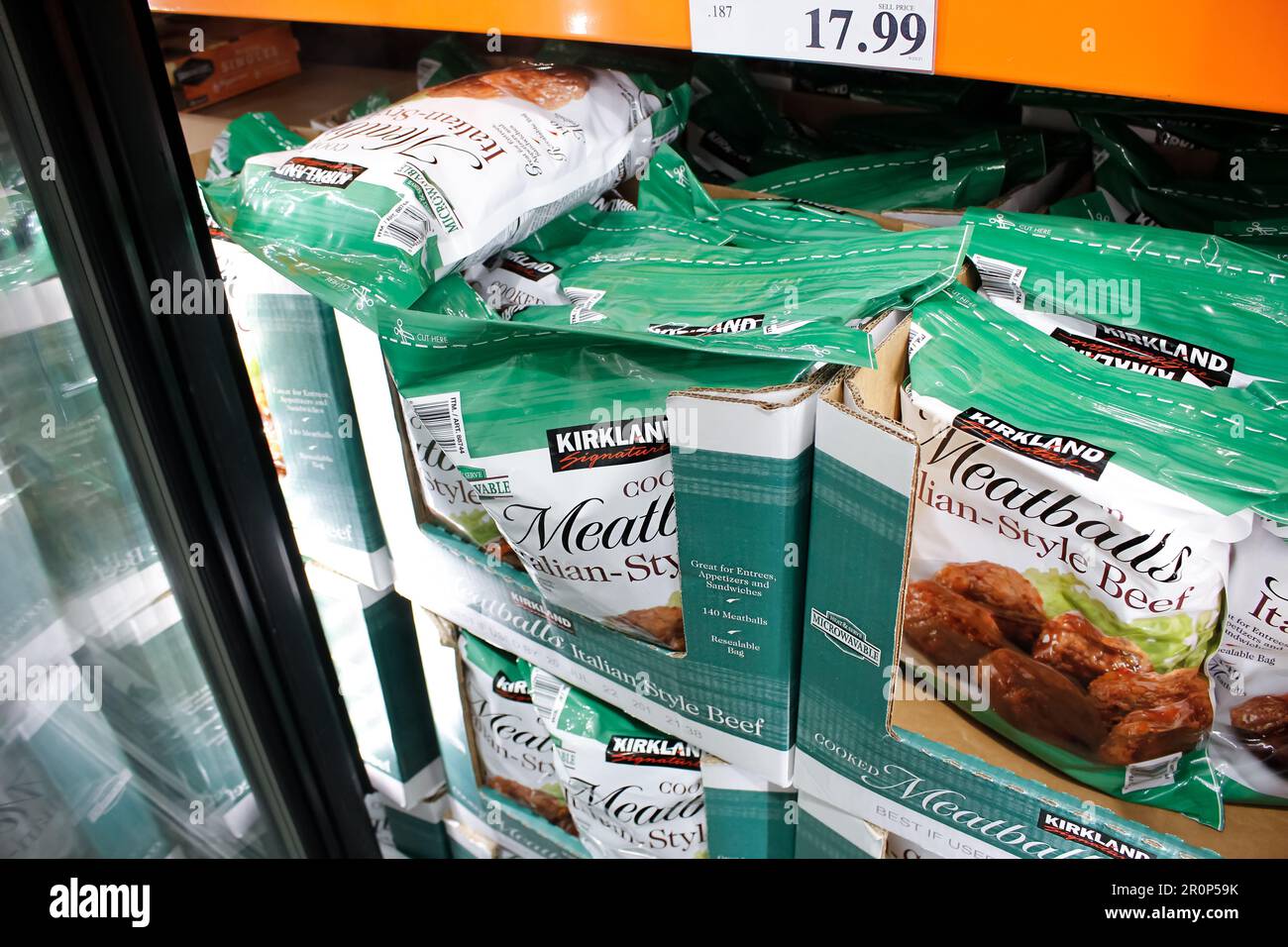 Los Angeles, California, United States - 10-25-2021: A view of several packages of Kirkland Signature meatballs, on display at a local Costco store. Stock Photo