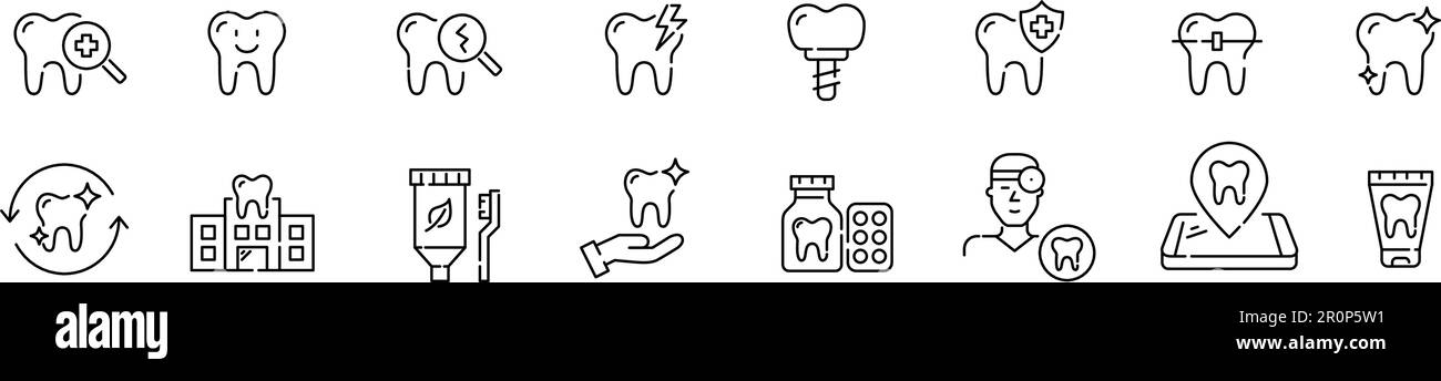 Set of dental health related icons. Dentistry, orthodontic treatment and hygiene. Pixel perfect, editable stroke Stock Vector