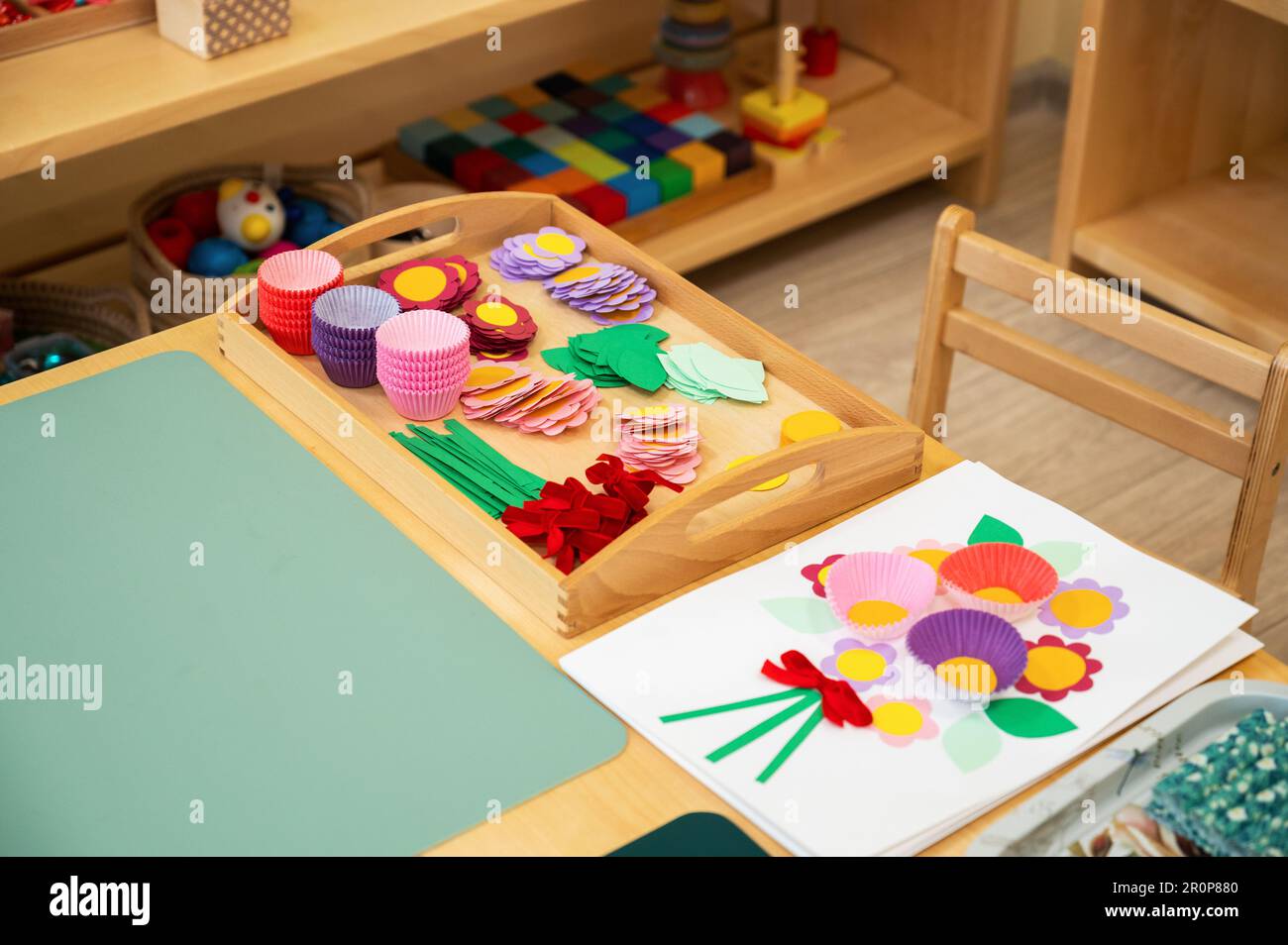  Classroom of Montessori kindergarten. The colorful Montessori material 
