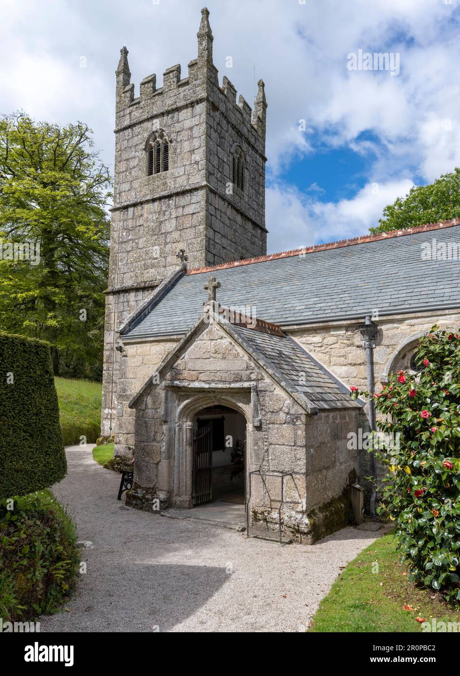 Lanhydrock - jacobean country mansion - Bodmin, Cornwall, England, UK - view of St Hydroc's church Stock Photo