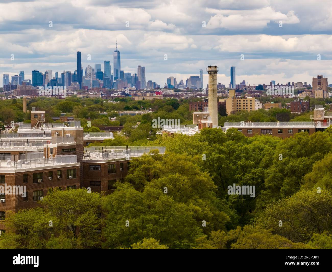 An aerial view of the iconic New York City skyline on a cloudy day, in ...