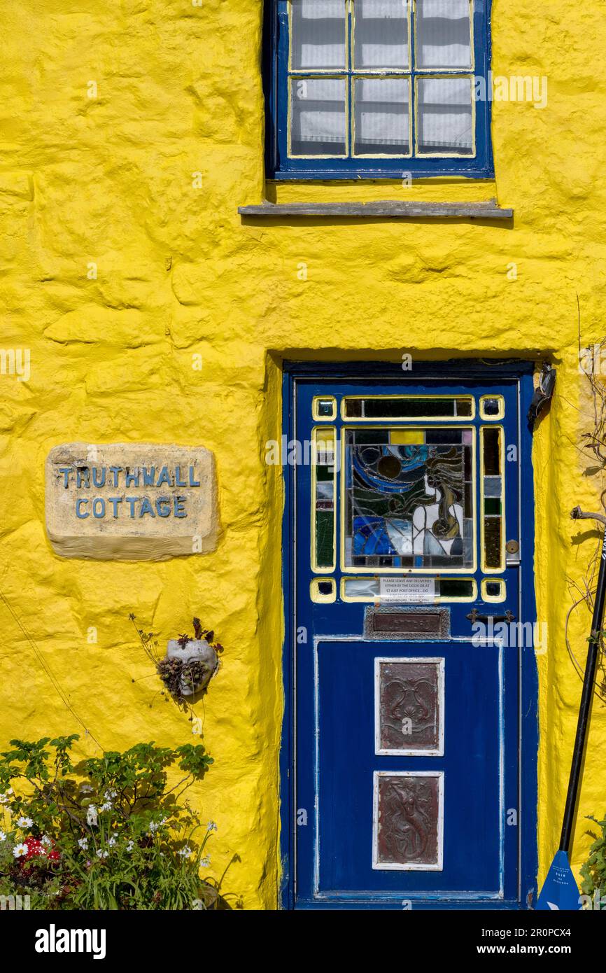 Yellow and blue colourful Truthwall Cottage, Truthwall, B3306, Truthwall Lane, St Just, Cornwall