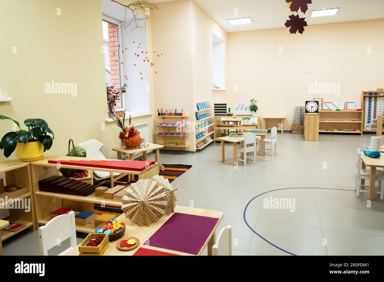 Classroom of Montessori kindergarten. The colorful Montessori material ...