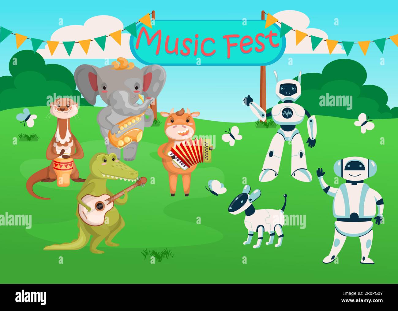 Robots and animals musicians playing musical instruments Stock Vector