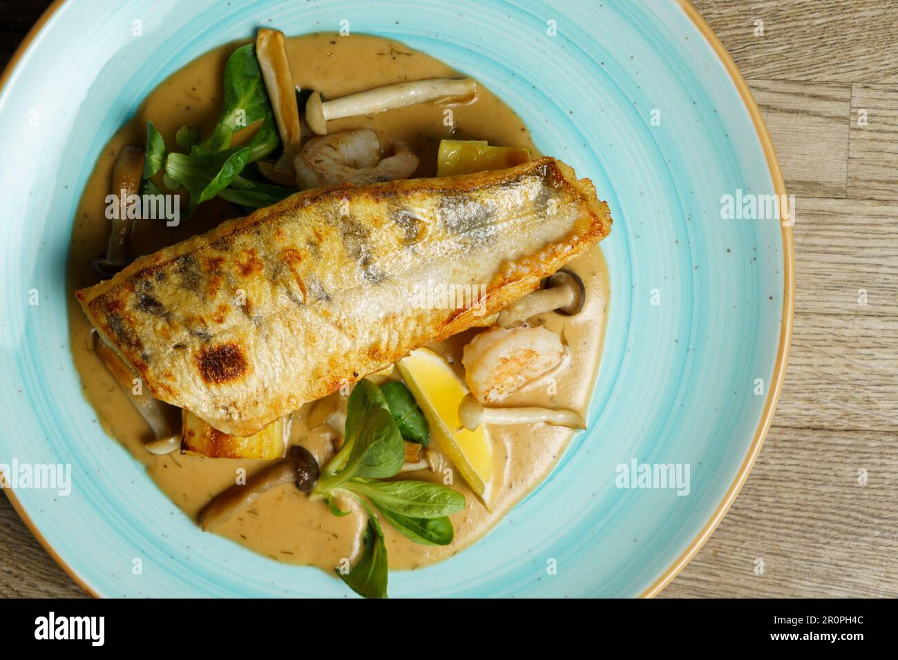 Roasted Zander fish fillet with potatoes and mushroom sauce Stock Photo