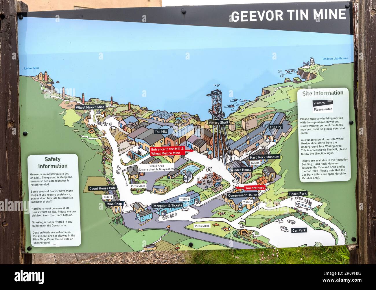 Geever Tin Mine - museum - Pendeen, Penzance, Cornwall, England, UK - visitor and tourist information board. Stock Photo