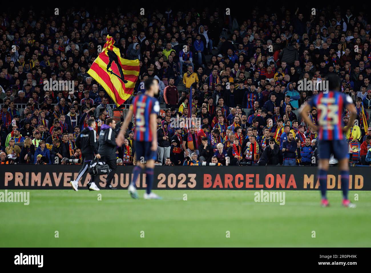 BARCELONA - APR 5: Primavera Sound Festival announced on the billboards during the Copa del Rey match between FC Barcelona and Real Madrid at the Spot Stock Photo