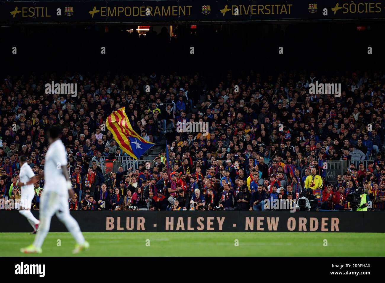 BARCELONA - APR 5: Primavera Sound Festival announced on the billboards during the Copa del Rey match between FC Barcelona and Real Madrid at the Spot Stock Photo